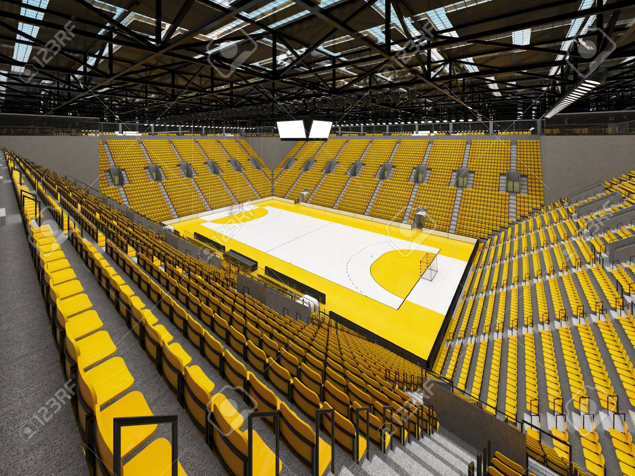 Bbeautiful sports arena for handball with yellow seats and VIP b